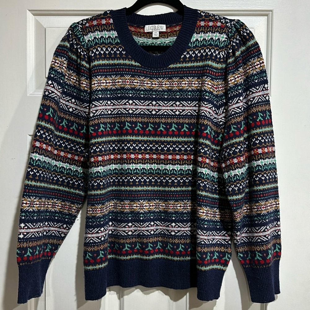 J. Crew Plus Size Wool Blend Navy Blue Cherry Fair Isle Sweater Size XXL - EUC